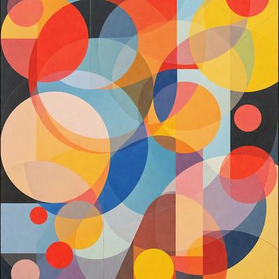 The primary subject of the image is a colorful painting featuring a variety of shapes and colors. The setting is a wall, and the visual style appears to be a combination of digital art and illustration. The painting has a vibrant and lively atmosphere, with a mix of red, blue, yellow, and orange colors. The dominant colors are red, blue, and yellow, creating a visually striking and engaging piece of art.